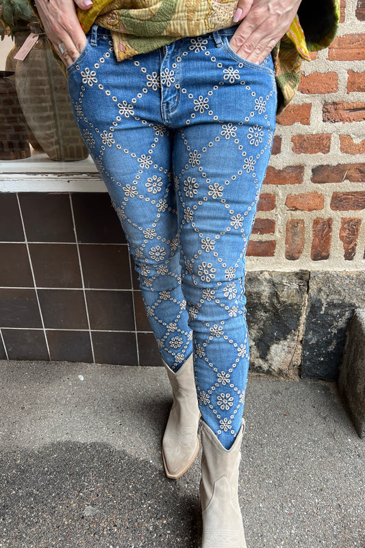 Nina denim blue jeans med mønster